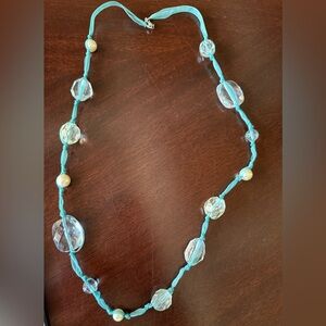 Unique Sheer, Light Blue Ribbon,  Clear Beads and Faux Pearl Necklace